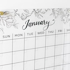 Prachtige bloemen acryl wandkalender met gepolijste randen | Droog uitwisbare zwevende planner op afstandhouders | Drijvende heldere acrylkalender