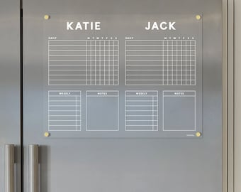 Fridge Chore Chart for Two Children | Magnetic Acrylic Dry Erase Chore Chart for 2 Children | Fridge Organizer | Ghost-Free Writing Surface