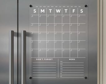 The ORIGINAL ACRYLIC FRIDGE calendar | Magnetic acrylic with customizable sections on the bottom | Dry erase calendar with white text