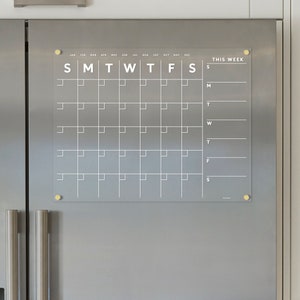 Magnetic Acrylic Fridge Calendar | One Week & One Month | Wet and Dry Erase Calendar with White Text | Modern Style Acrylic Fridge Decor