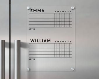 Magnetic Acrylic Dry Erase Chore Chart for 2 Children | Clear Acrylic Fridge Organizer | Ghost-free Writing Surface Chore Chart |