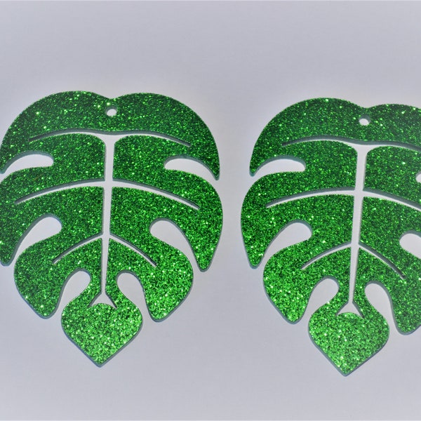 2 pces (1 x pr) Green Glitter Monstera Acrylic Charms - Monstera Earring Supplies -55mm - DIY Earrings, DIY Keyrings