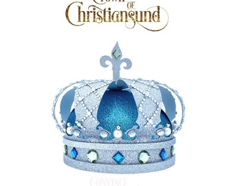 May include: A silver crown with blue glitter and a blue gem on top. The crown has the words "Crown of Christiansund" above it and "Convince the Prince" below it.