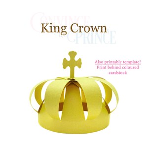 May include: A yellow paper crown with a cross on top. The crown is a printable template and can be printed on colored cardstock.