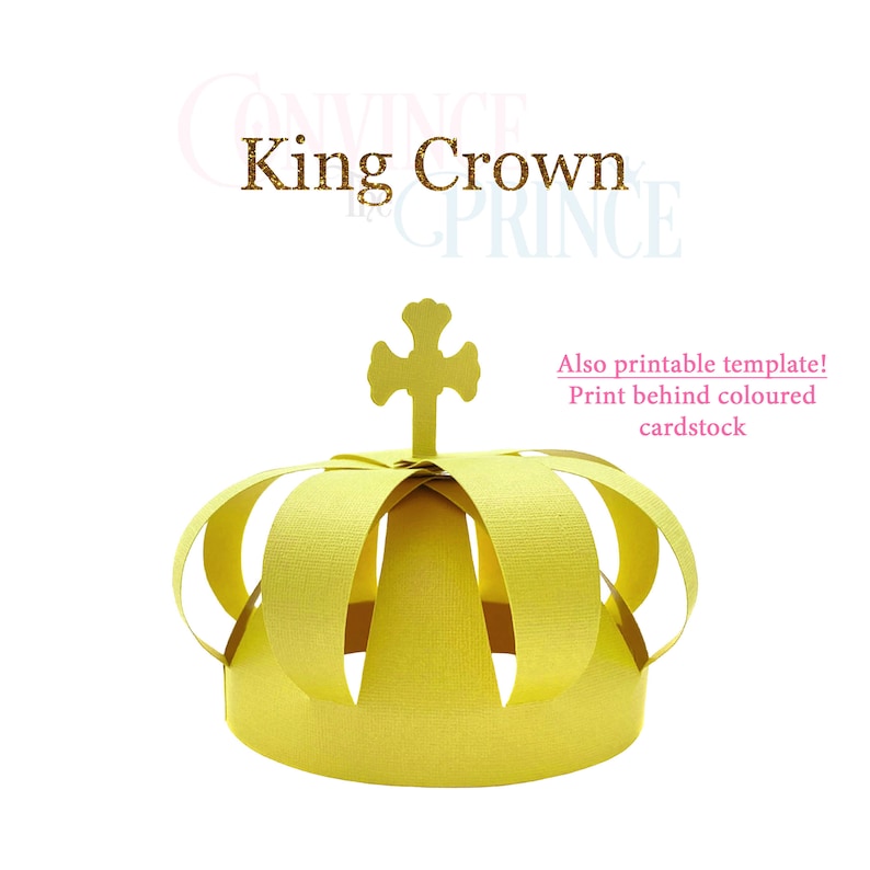 May include: A yellow paper crown with a cross on top. The crown is a printable template and can be printed on colored cardstock.