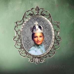 May include: A silver ornate oval frame with a woman wearing a silver crown and a blue patterned dress. The background is a green and white patterned design.