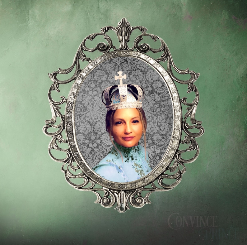 May include: A silver ornate oval frame with a woman wearing a silver crown and a blue patterned dress. The background is a green and white patterned design.