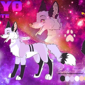 May include: A digital illustration of a purple and white coyote with black markings. The coyote is standing on a pink and purple galaxy background. The text "TAYO" is at the top of the image. The text "COYOTE HE/HIM 22 TRANS" is below the image. The image also includes a color palette with black, white, light purple, pink, yellow, magenta, and blue.