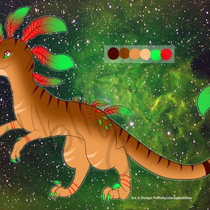 May include: A cartoon illustration of a brown and orange dinosaur with green and red feathers. The dinosaur is standing on a green and black starry background. The image includes a color palette with five colors.