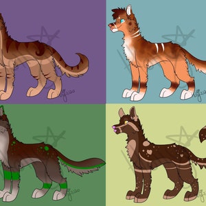 May include: Four digital illustrations of brown and white dogs with different markings and poses. The dogs are all standing on a solid background.