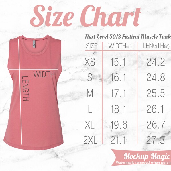 Next level Size Chart Mockup 5013 Festival Muscle Tank Smoked Paprika Color with Pink Text and White Marble Background