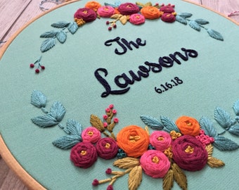 Embroidery Hoop Art, Wedding Gift, Broderie, Personalized Gift, Couple's Name, Anniversary Gift, Custom Embroidery, Floral Embroidery, Fiber