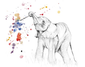 Baby Elephant Paint splash Print - A4 - Hand finished - Hand drawn