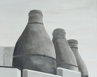 Bottle ovens in 1970's Hanley, Stoke-on-Trent. Original Potteries heritage landscape painting