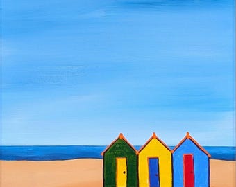 Seaside - colourful fantasy beach huts, sand and sea. Acrylic on linen. Unframed. 40x30cms