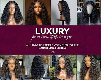 Könnte beinhalten: Sechs Bilder von schwarzen Deep Wave Perücken auf Mannequins und Models. Die Bilder sind in einem Raster von zwei Reihen und drei Spalten angeordnet. Der Text "LUXURY premium stock images ULTIMATE DEEP WAVE BUNDLE MANNEQUINS & MODELS" wird in der Mitte des Bildes angezeigt.