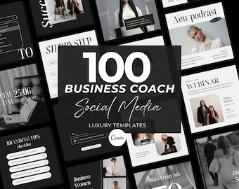 May include: A collection of 100 black and white social media templates for business coaches. The templates feature text overlays, such as "Business Women", "Branding Tips Checklist", "New Podcast", and "Webinar".