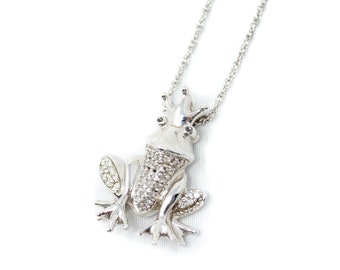 Vintage Diamond King Frog Toad Sterling Silver Necklace