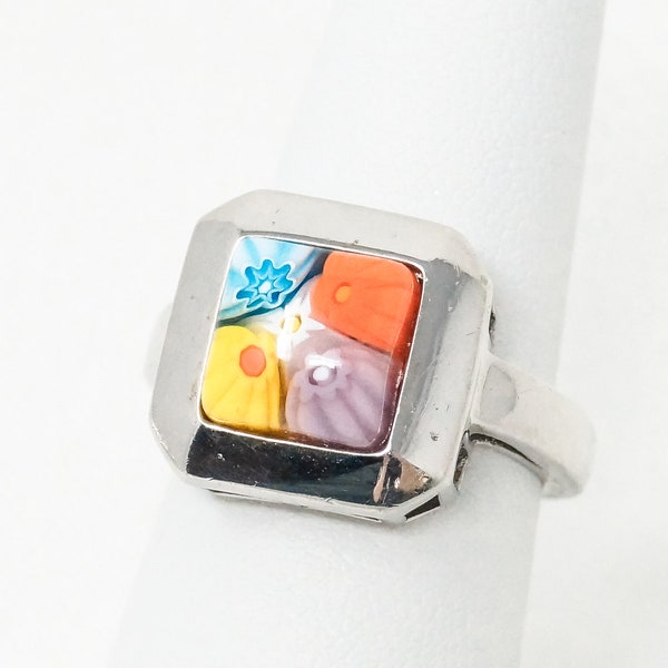 Anillo de plata de ley con flores de Murano Millefiori de cristal vintage - Sz 6