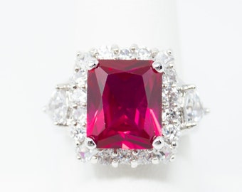 Vintage Designer Lab Ruby CZ Statement Sterling zilveren ring - maat 7,75