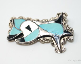 Vintage Signed Larry Pinto Navajo Native American Indian Handmade Silver Turquoise Statement Ring Size 8 Item w# 1450