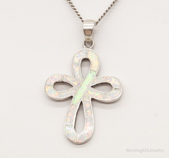Vintage Opal Inlay Sterling Silver Cross Necklace - image 4