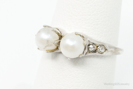 Antique Pearl Rhinestone Sterling Silver Ring - S… - image 4