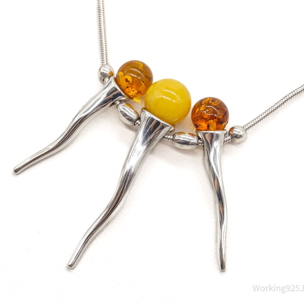 Vintage Gdansk Poland Multi Type Amber Modernist Sterling Silver Necklace