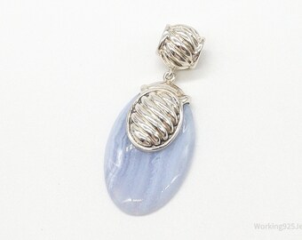 Large Vintage Blue Lace Agate Sterling Silver Pendant