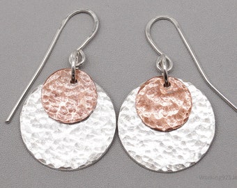 Vintage Hammered Texture Copper Silver Disc Earrings