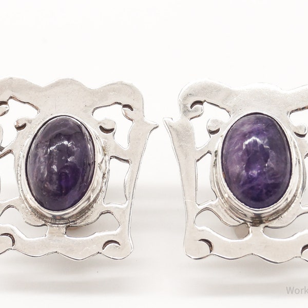 RARE Vintage Plateria Farfan Mexico Amethyst Sterling Silver Screw Back Earrings