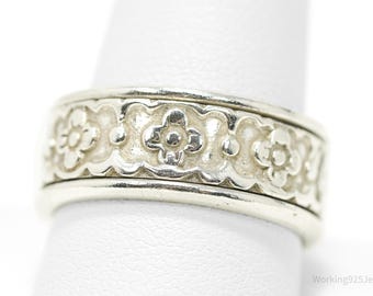 Vintage Mexico Flowers Pattern Sterling Silver Band Ring - Size 11.5