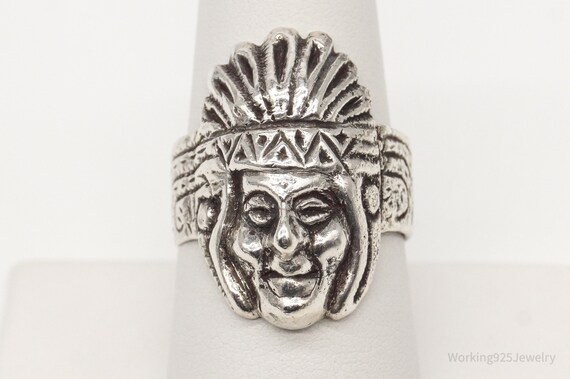 Vintage Native American Chief Head Silver Ring - … - image 2