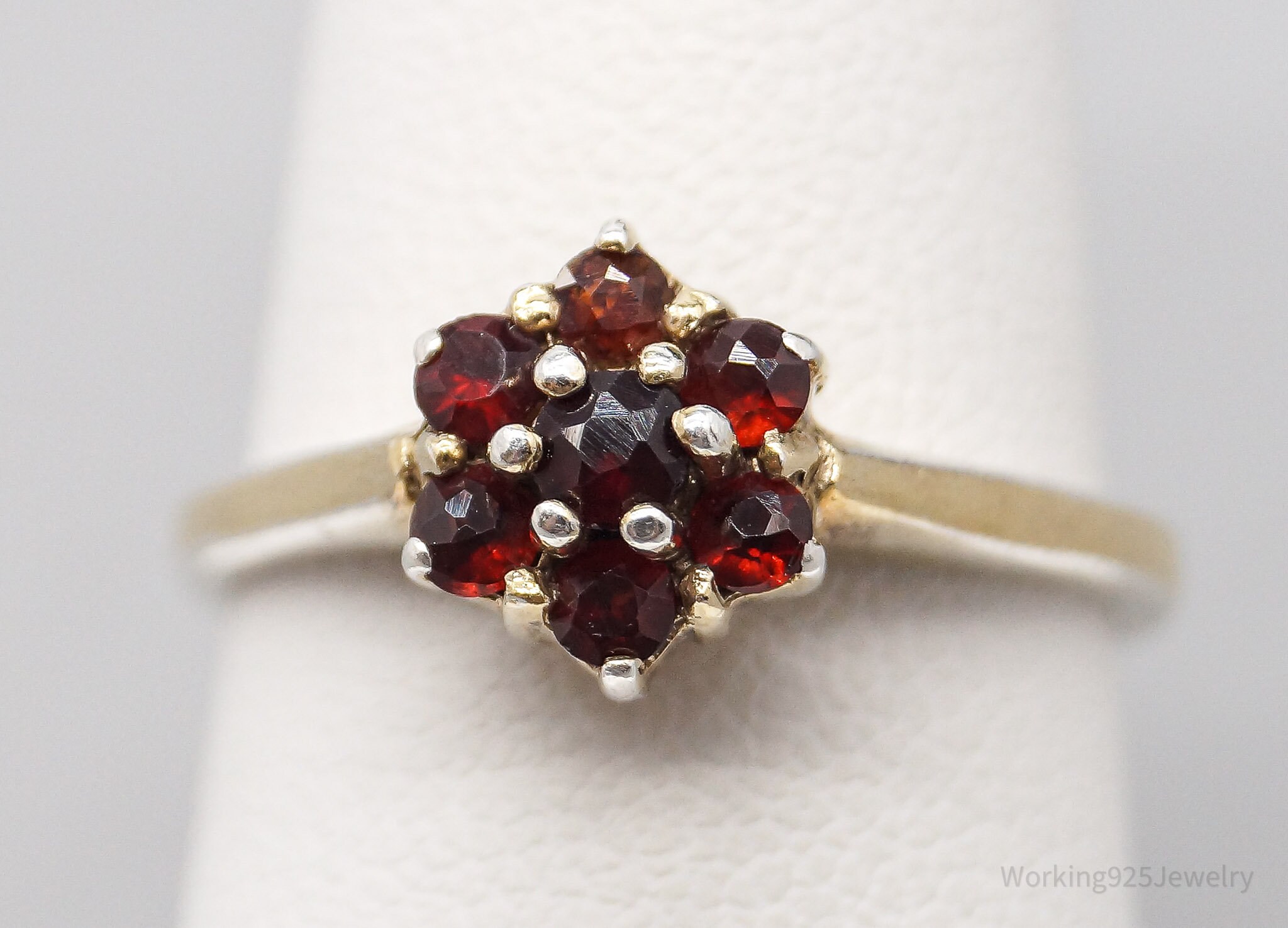 Vintage Bohemian Garnet Flower Gold Wash Sterling Silver Ring - Size 6.75