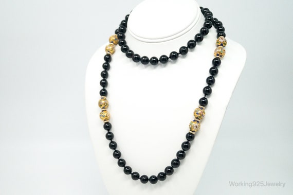 Vintage Long Black Onyx Cloisonne Beads Necklace - image 3