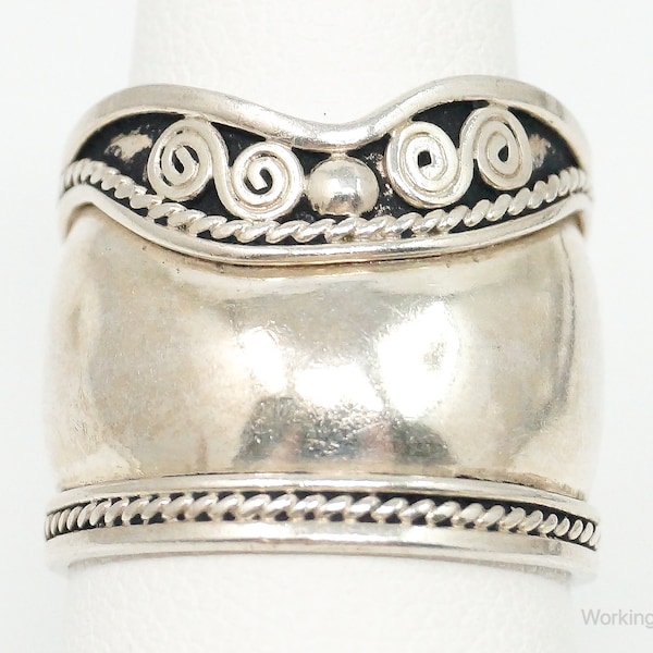 Vintage Wide Bali Style Scroll Swirls Sterling Silver Ring - Size 7