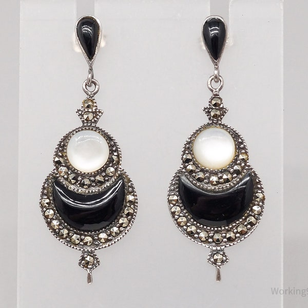 Vintage Mother Of Pearl Black Onyx Marcasite Sterling Silver Earrings