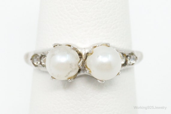 Antique Pearl Rhinestone Sterling Silver Ring - S… - image 2