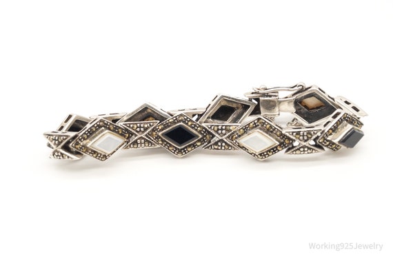 Vintage Art Deco Black Onyx Marcasite Mother Of P… - image 4