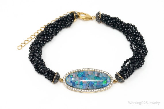 Designer Blue Fire Opal Inlay Multi Gem Gold Vermeil Sterling Silver  Bracelet