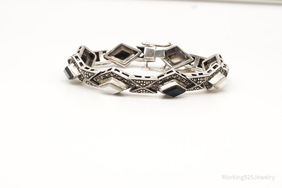 Vintage Art Deco Black Onyx Marcasite Mother Of P… - image 3