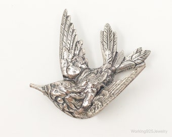 Vintage Designer JewelArt Humming Bird Sterling Silver Brooch Pin