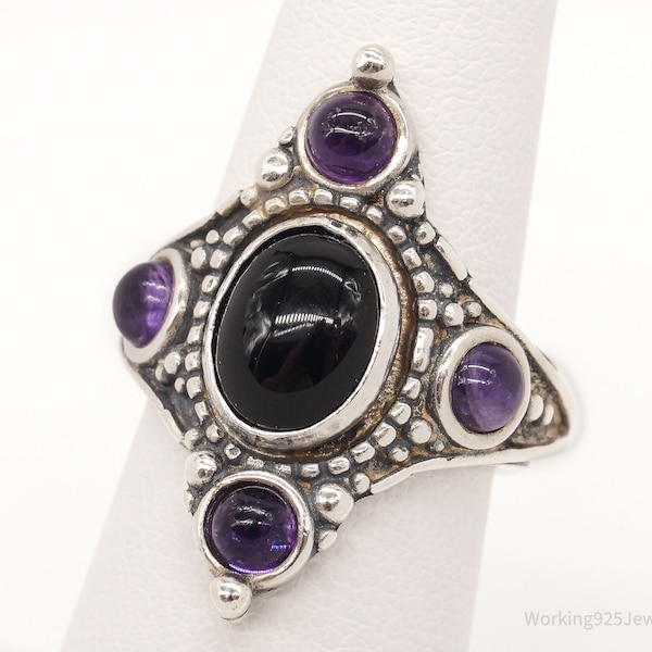 Vintage Amethyst Black Onyx Sterling Silver Ring - Size 6.25