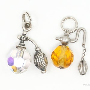 Vintage Antique Crystal Antiqued Perfume Bottle Sterling Silver Charm Pendant Set