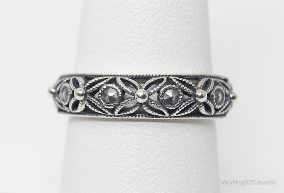 Vintage Cut Out Floral Design Sterling Silver Ban… - image 1