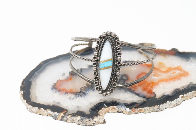 Vintage Native American Nila Cook Johnson Turquoise MOP Sterling Silver Bracelet image 4