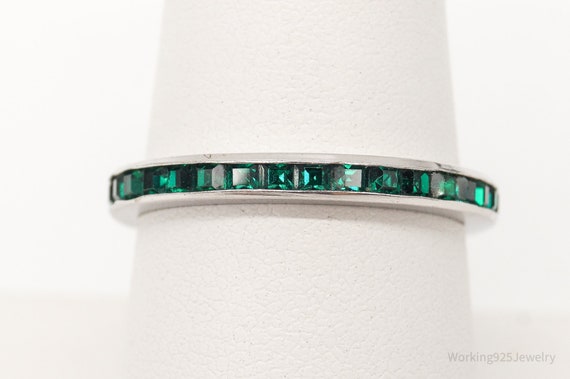 Vintage Green Crystal Sterling Silver Band Ring -… - image 2