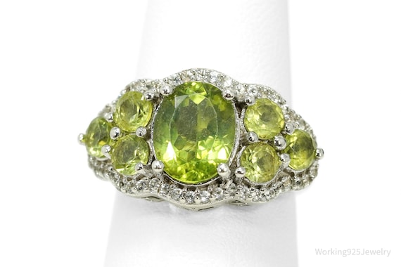 Green Peridot & White Zircon Rhodium Over Sterling Silver Ring -  Size 7