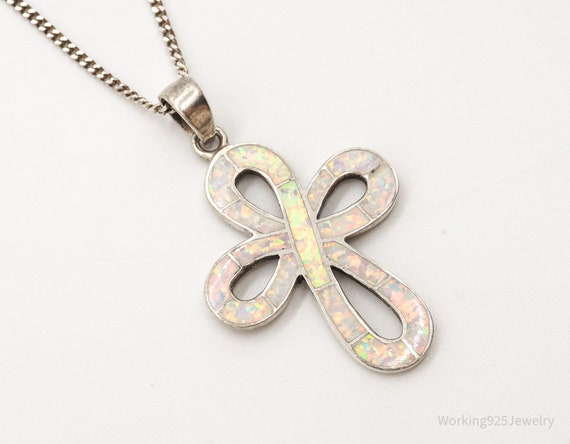 Vintage Opal Inlay Sterling Silver Cross Necklace - image 6