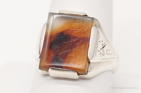 Antique Agate Sterling Silver Ring - Size 9.75 - image 2